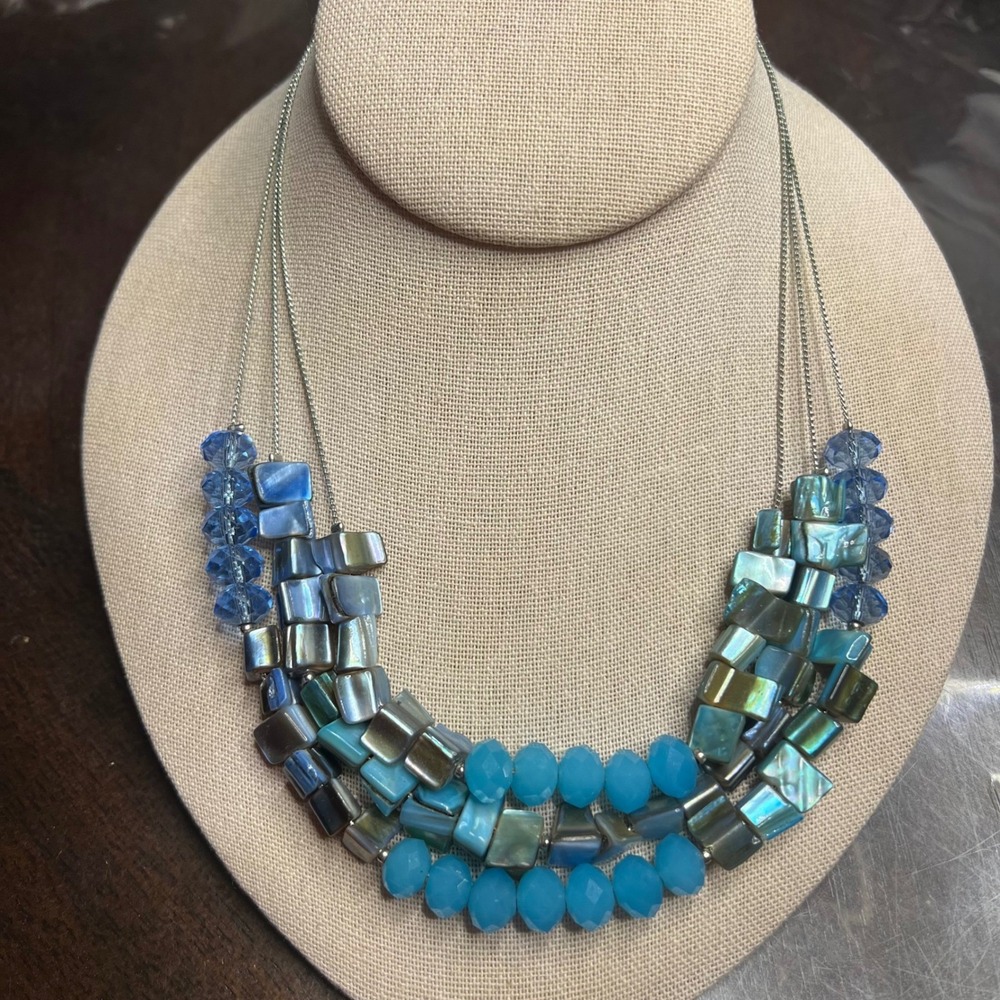Blue Shell Bead Abalone Statement Necklace Fashion Jewelry Three Strand‎ 17 in - Picture 2 of 5